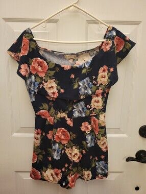 Black Floral Off-Shoulder Romper with Pink & Blue Roses
